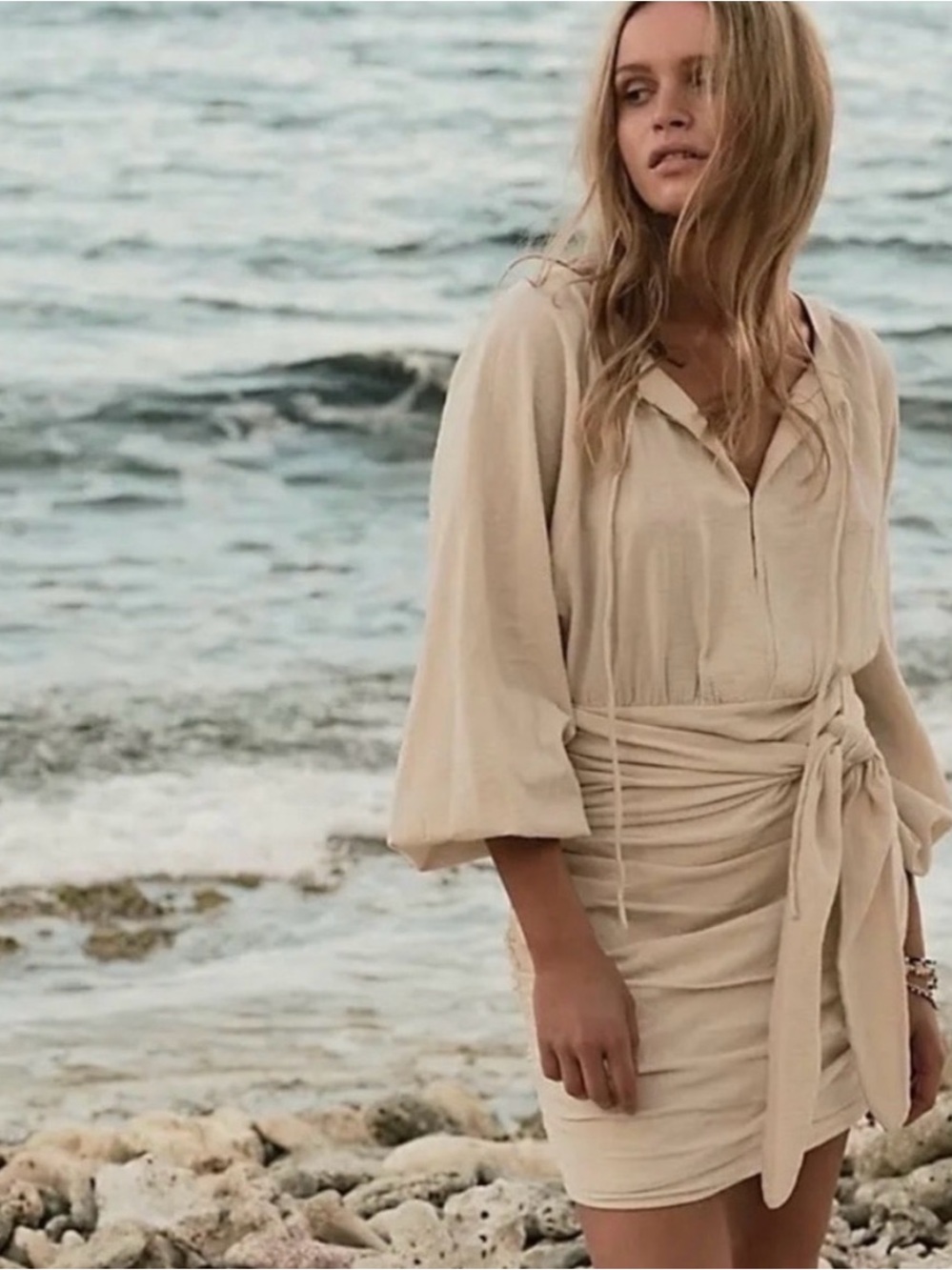 Free People Cream Gauzy Long Sleeve Ruched Mini Dress Boho Peasant Resort